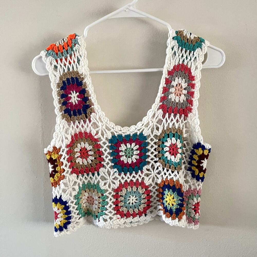 Boho Crochet Crop Camisole Overlay Top Womens Medium Multicolor Festival Chic - Picture 2 of 6